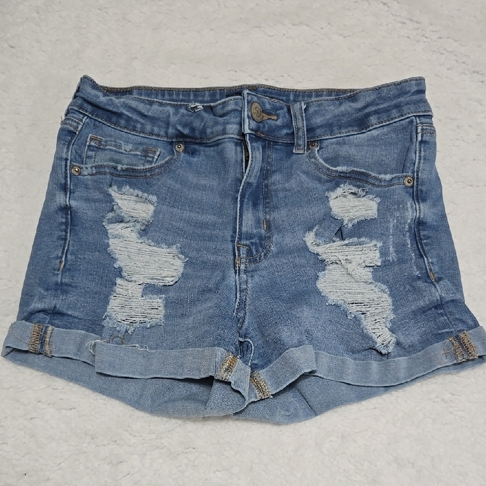 Light Blue Jean Shorts with Distressing and Cuffed Hem